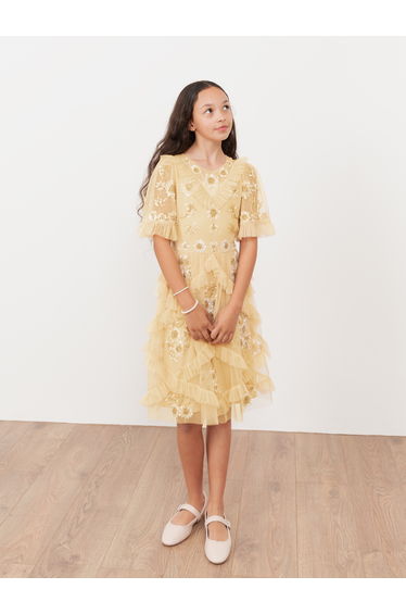 Mini Maya Buttercream Embellished Ruffle Midi Dress