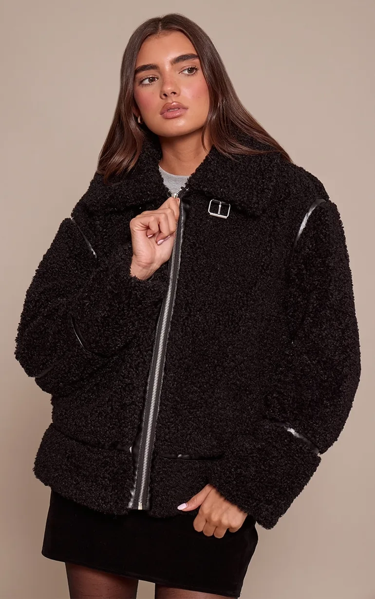 Black Borg Panel Detail Aviator Jacket