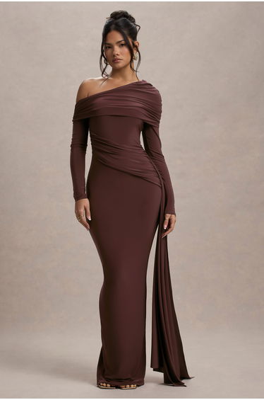 Valina | Brown Ruched Asymmetric Maxi Dress With Drape