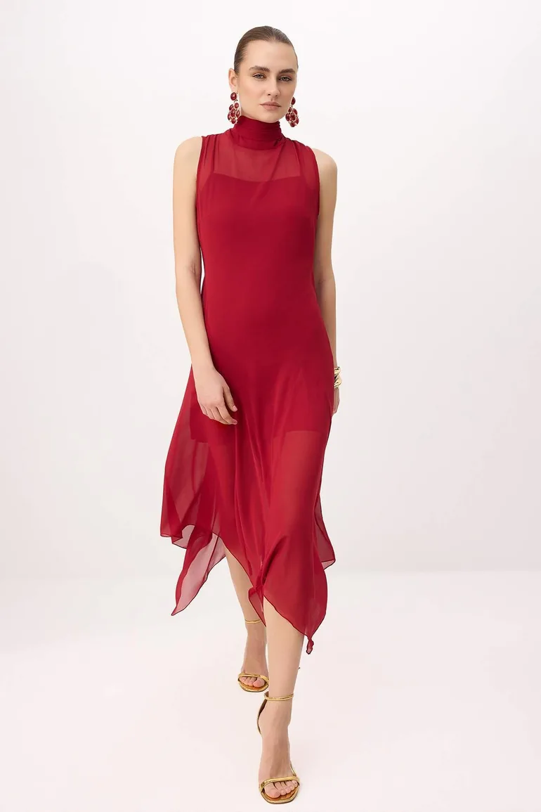 Burgundy Chiffon Lined Woven Asymmetrical Midi Dress