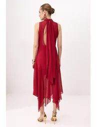Burgundy Chiffon Lined Woven Asymmetrical Midi Dress - 3