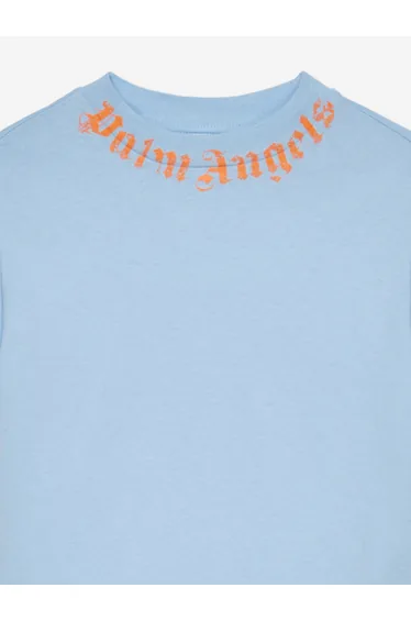 Palm Angels Boys Neck Logo Brushed T-Shirt in Blue