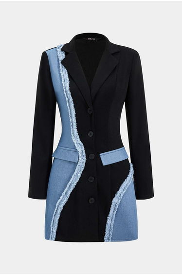 Denim Patchwork Long Sleeve Blazer Suit Mini Dress