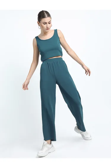 Solid Round Neck Sleeveless Crop Top with High Rise Trousers Co-Ords