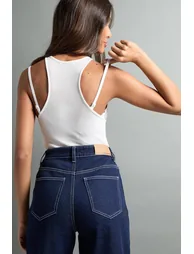 بنطلون جينز بأرجل مستقيمة بخصر عالي - كحلي - 1