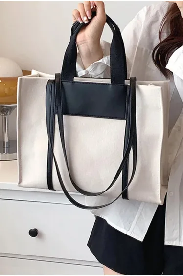 Canvas Tote Bag with Leather Detail