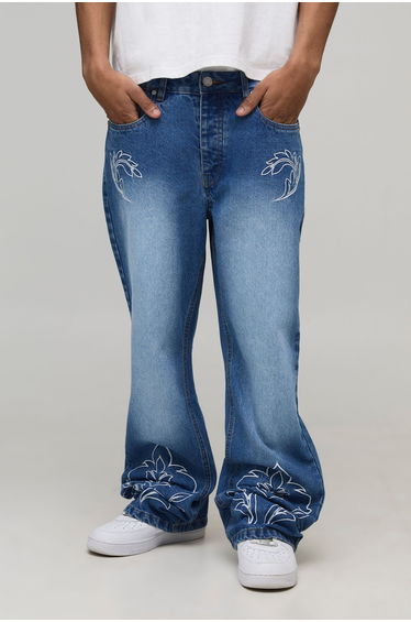 Straight Flared Western Embroidered Contrast Stitch Jeans - light blue