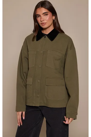Khaki Faux Suede Contrast Collar Pocket Detail Jacket