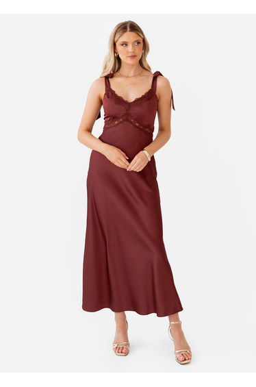 Maya Brown Tie-Shoulder Strappy Satin Midaxi Dress