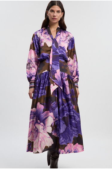 Floral Print Hammered Satin Collared Woven Shirt Dress