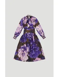 Floral Print Hammered Satin Collared Woven Shirt Dress - 3