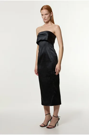 Tall Italian Structured Textured Satin Bandeau Tailored Maxi Dress