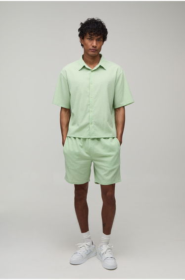 Stripe Seersucker Oversized Boxy Shirt & Relaxed Short Set - sage