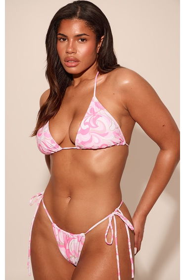 Shape Pink Abstract Print Gold Beaded Tanga Bikini Bottom