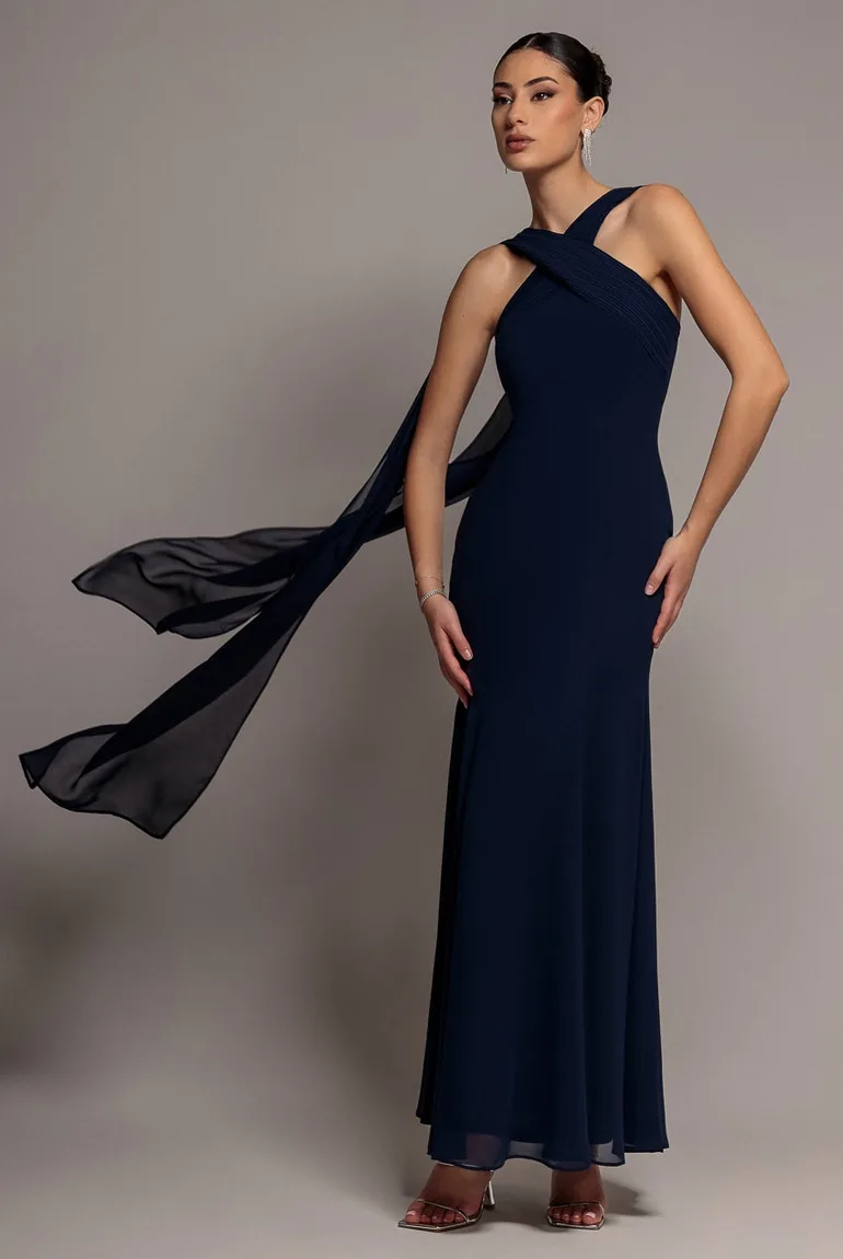 cross front chiffon dress Cross Front Scarf Back Chiffon Mermaid Maxi Dress