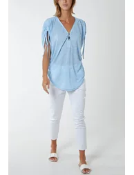 Front Zipper Shoulder Drawstring Top - 2