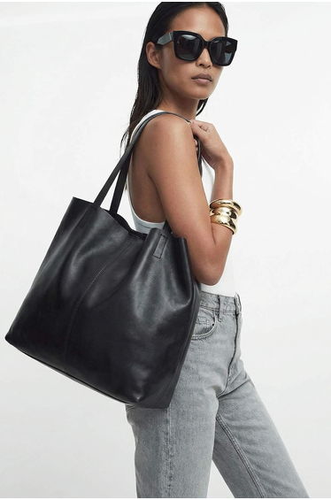 Black Leather Women's Maxi Shoulder Bag