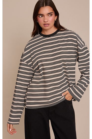 Multi Soft Rib Striped Detail Oversized Long Sleeve Top