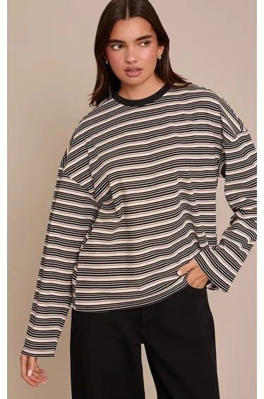 Multi Soft Rib Striped Detail  Oversized Long Sleeve Top