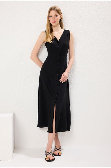 Black Buttoned Sleeveless Woven Shirt Dress