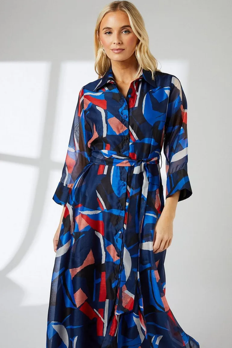 Abstract Print Belted Collared Shirt Dress - 1
