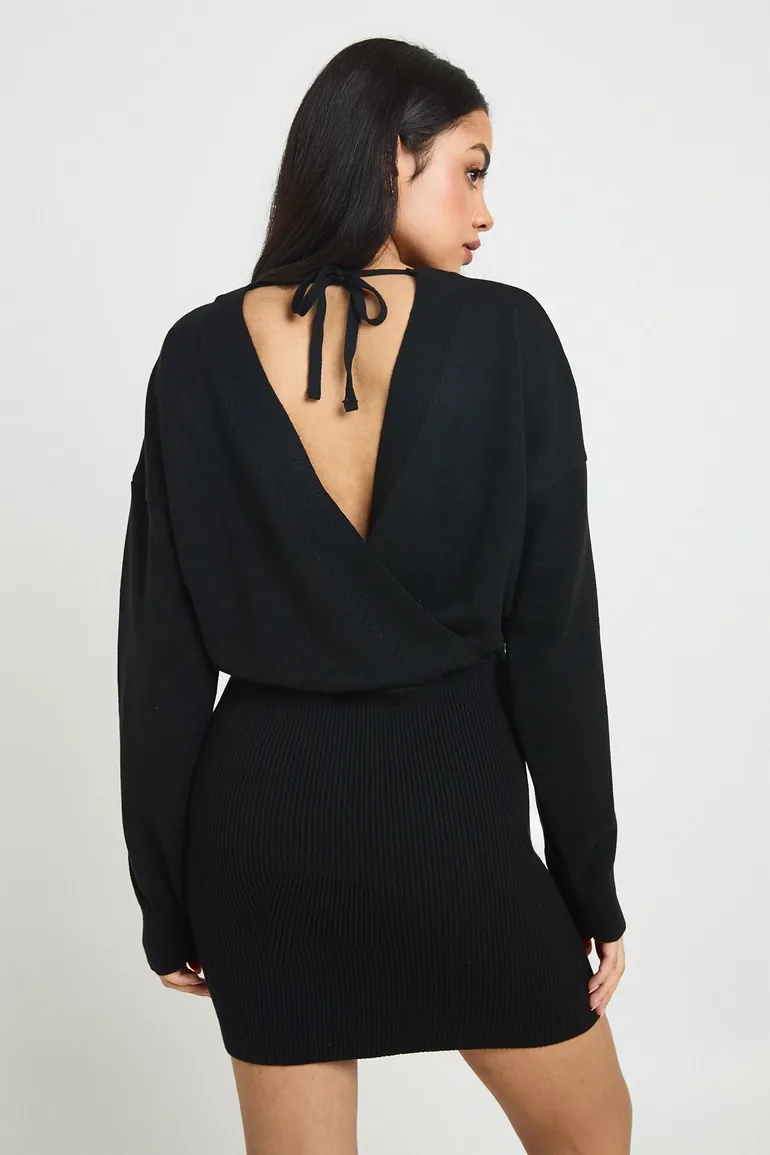 Wrap Front Mini Dress - black - 2
