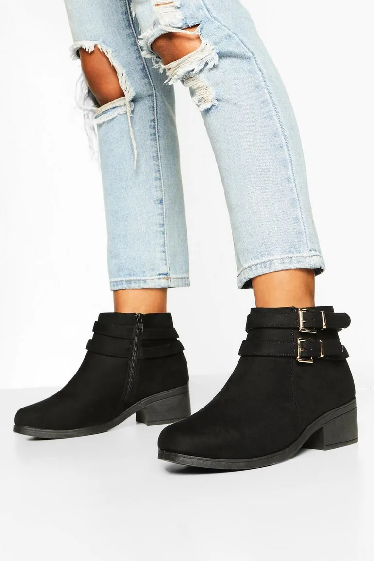 Wide Fit Two Buckle Block Heel Chelsea Boots - black
