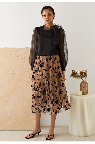 3D Posy Double-Layered Mesh Midi Skirt in Caramel