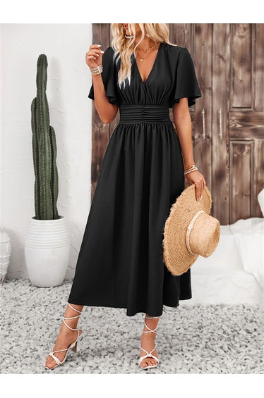 Solid V-Neck A-Line Dress with Pleated Detail