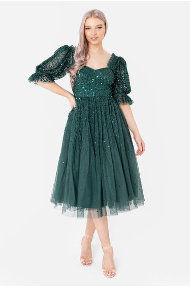Maya Emerald Green Embellished Midi Dress with Frill Detail