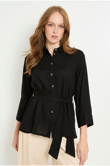 Button Through Linen Blend Belted Shirt