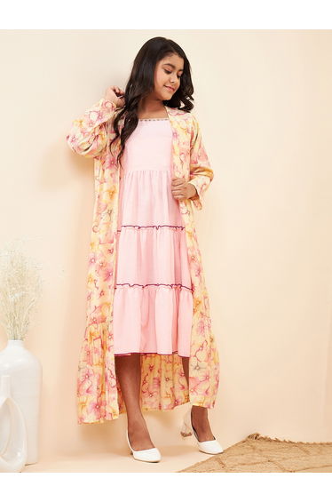 Solid Tiered Midi Dress with Floral Printed Shrug