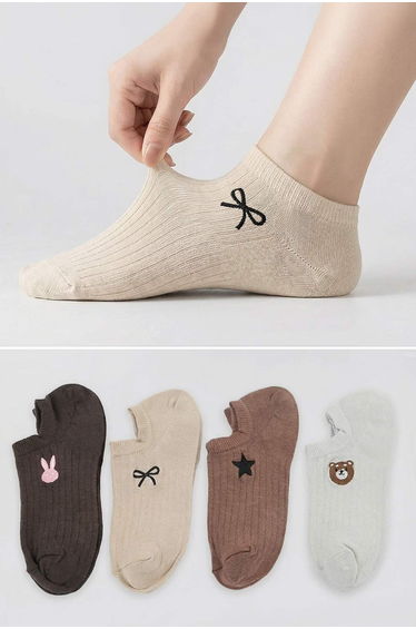 Brown-Multicolor 4-Piece Plain Embroidered Jacquard Knitted Socks