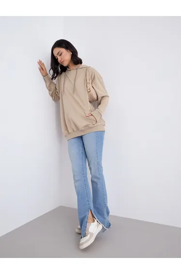 Tan Graphic Print Longline Oversized Hoodie
