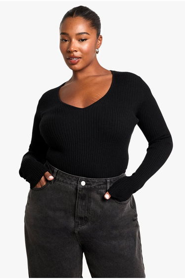 Plus Twist Back Detail Rib Knit Top - black