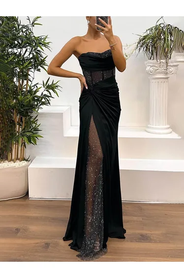 Delicate Satin Paneled Mesh Sequin Fabric Off Shoulder Ruched Drape Maxi Dress