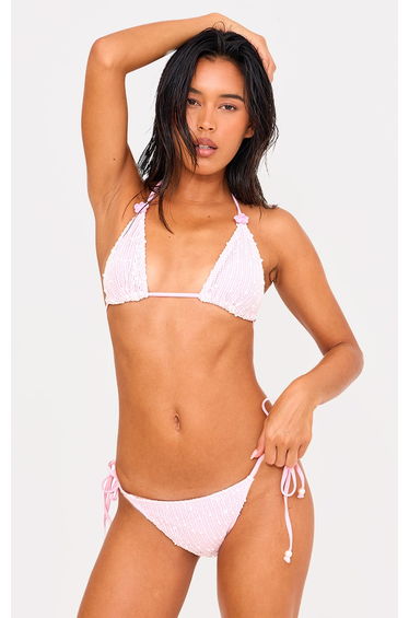 Pink Textured Overlay Tie Side Bikini Bottoms