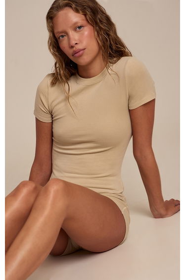 Beige Melange Soft Cotton Short Sleeve Top