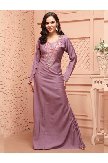 Pink Embroidery Handwork V Neck Jalabiya