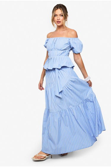 Stripe Poplin Bardot Top - blue