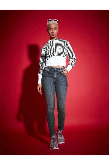 Striped Fleece Hooded Jacket with Contrast Hem
