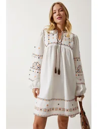Women's Ecru Embroidered Woven Linen Dress