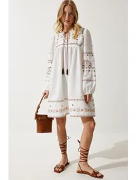 Women's Ecru Embroidered Woven Linen Dress - 2