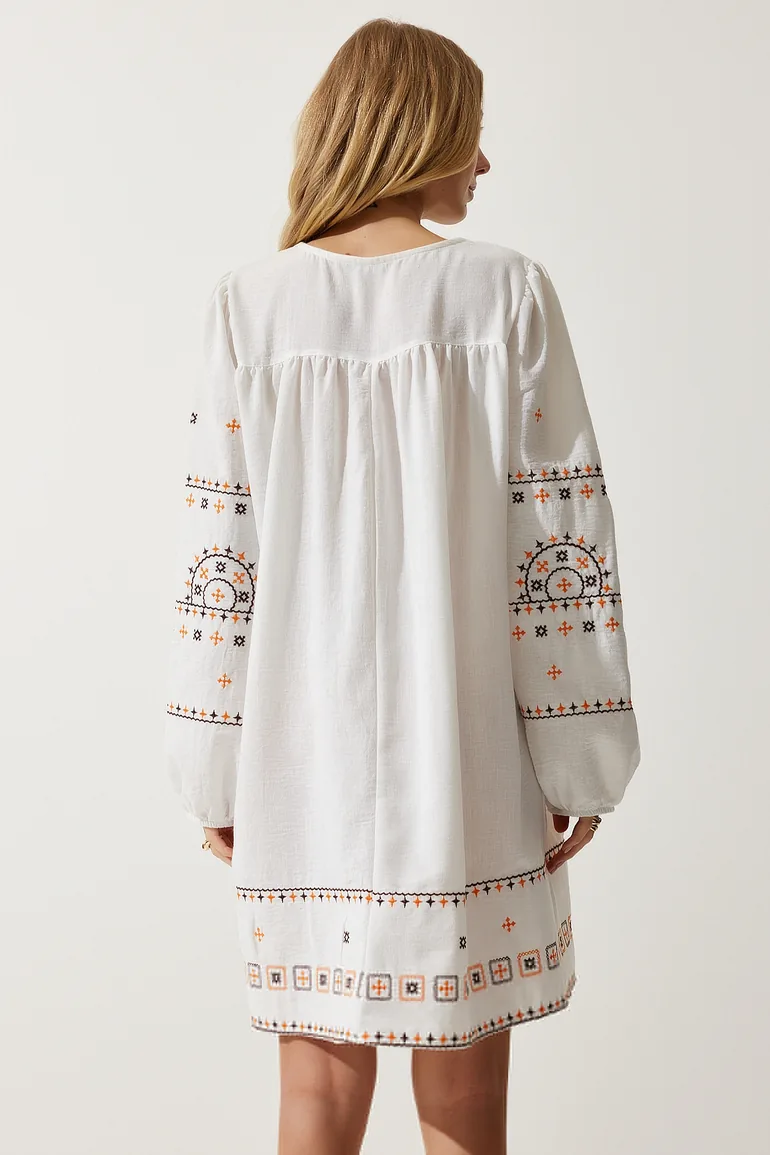 Women's Ecru Embroidered Woven Linen Dress - 6