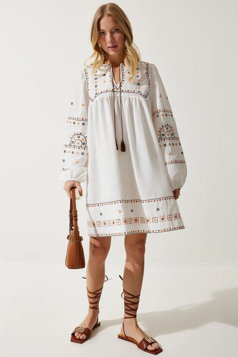 Women's Ecru Embroidered Woven Linen Dress - 1