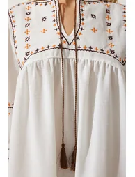 Women's Ecru Embroidered Woven Linen Dress - 5
