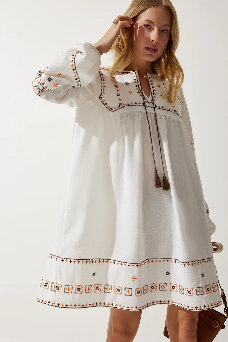 Women's Ecru Embroidered Woven Linen Dress - 4