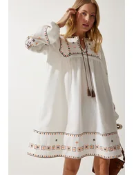 Women's Ecru Embroidered Woven Linen Dress - 4