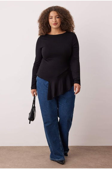 Black Viscose/Soft Fabric Asymmetrical Flexible Knitted Plus Size Blouse