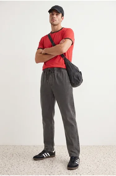 Men's Black Regular Fit Elastic Waist Jeans Denim Trousers